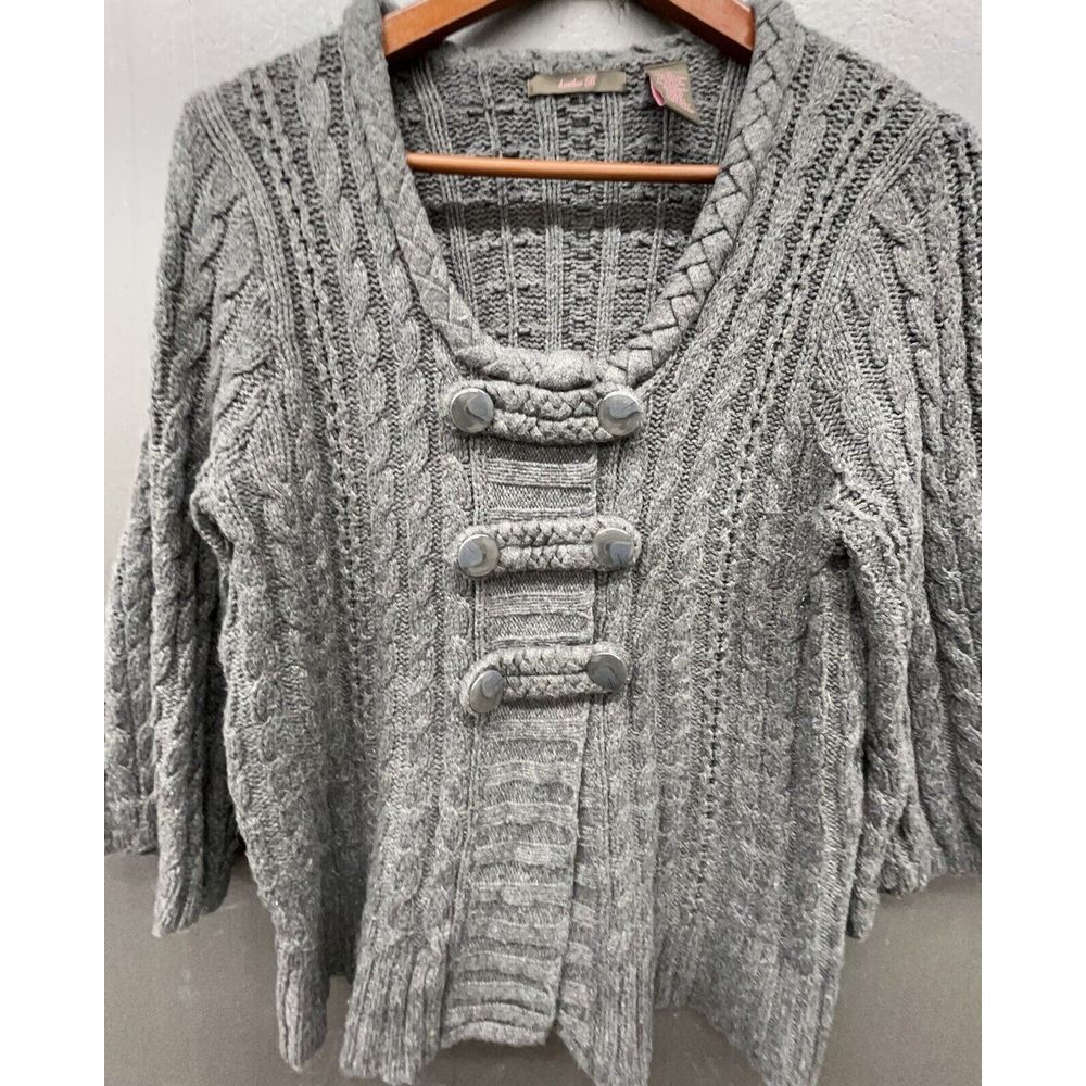 Womens Sweater XL Gray Scoop Neck 3/4 Sleeve Flared‎ Cable Knit Military Buttons